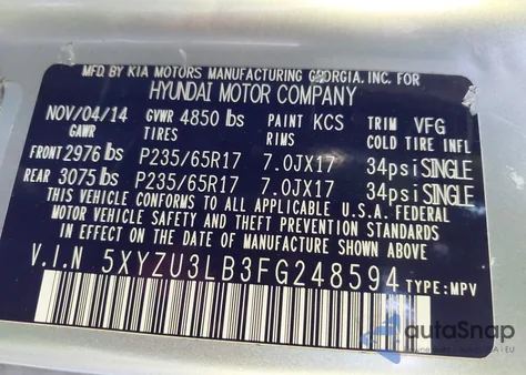 2015 Hyundai Santa Fe Sport 2.4L from USA, damaged, VIN 5XYZU3LB3FG248594